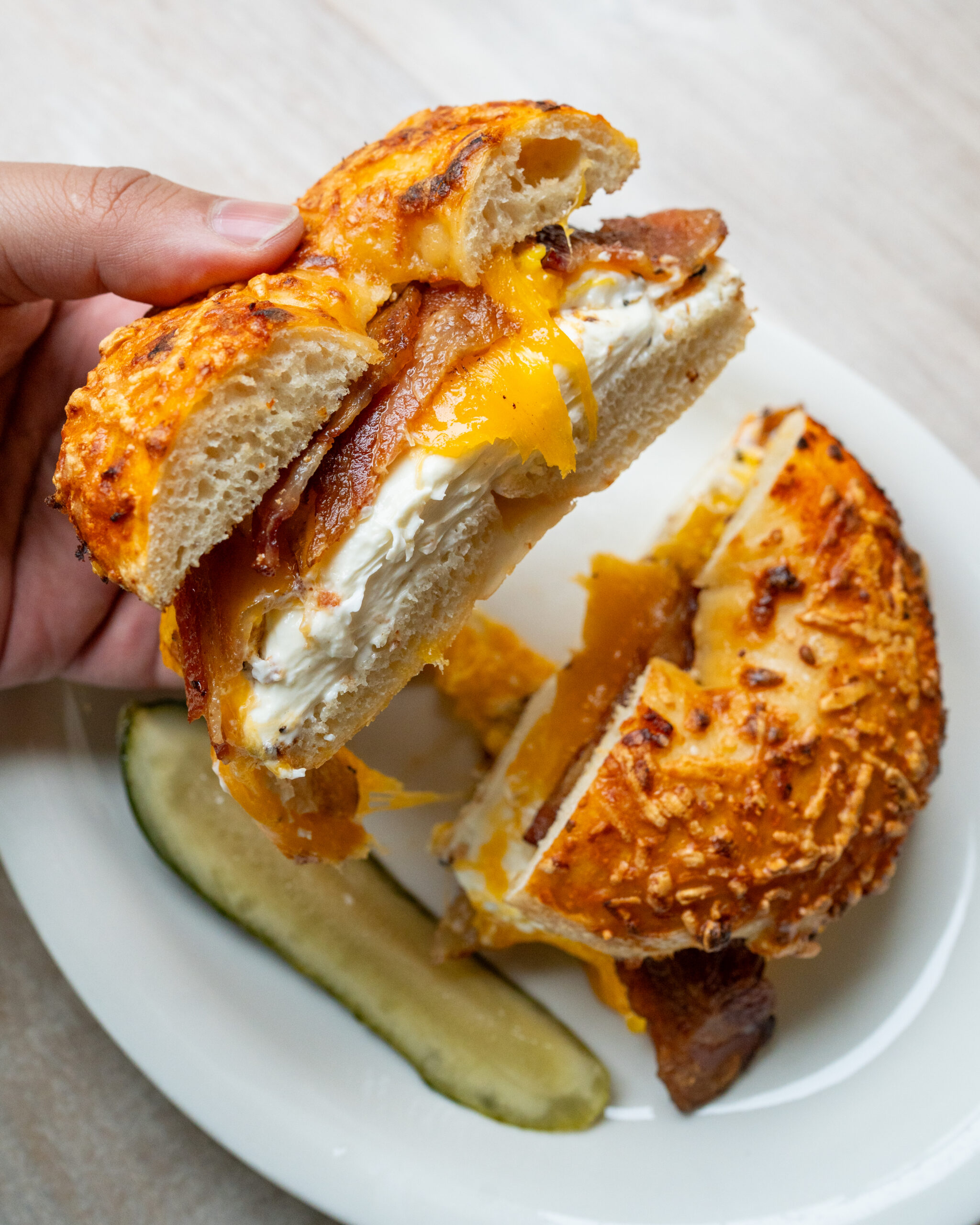 Classic egg, bagel and bacon sandwich